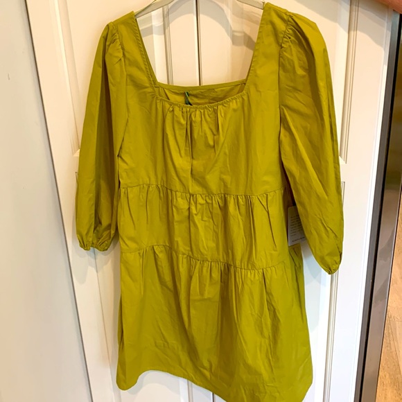 Good Luck Gem Lime Slime Green Tier Ruffle Square Neck Balloon Puff Sleeve Dress - Picture 9 of 15